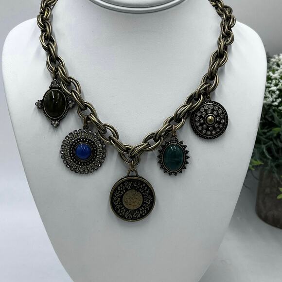 LOFT Charm Statement Disc Boho Green Blue Cabochon Medallion 
Chunky Necklace - Picture 1 of 8